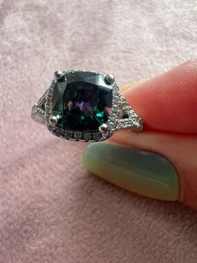 Silver Halo Ring with Deep Teal Cushion Stone